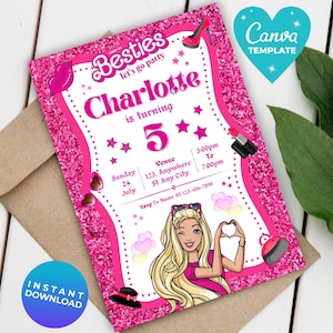 Editable fashion doll birthday Invitation | Fashion Doll Birthday Invitation | Pink Glitter Party | Instant Download | Canva Template