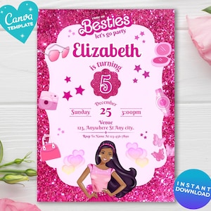 Invito per la festa di compleanno di una bambola di moda con glitter rosa per bambine, modello di invito per la festa di compleanno di una bambola nera per bambine, download immediato, invito rosa modificabile