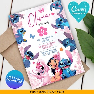 以下が含まれることがあります： ディズニー映画「リロ＆スティッチ」のキャラクター、スティッチが登場するピンクと白の誕生日招待状。「オリビア」という名前、数字の「5」、イベントの詳細が含まれています。「インスタントダウンロード」と「高速かつ簡単な編集」という言葉も表示されています。