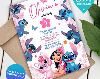 Invitación de cumpleaños editable de Angel y Stitch, plantilla imprimible, invitación para fiesta de cumpleaños de Lilo y Stitch, plantilla de Canva, descarga instantánea