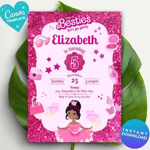 Invito per la festa di compleanno di una bambola di moda con glitter rosa per bambine, modello di invito per la festa di compleanno di una bambola nera per bambine, download immediato, invito rosa modificabile