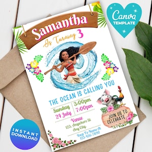 Baby Moana Birthday Invitation: Editable Hawaiian Luau Theme (Canva Template, Digital Download)