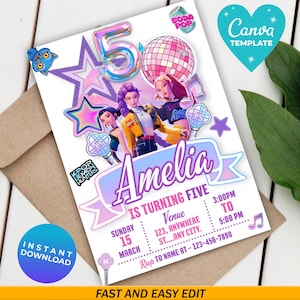 May include: A birthday invitation template featuring three animated characters, a large iridescent number five, a disco ball, and stars. The text reads Amelia is turning five, with placeholders for date, time, and venue. Includes K-Pop Demon Hunters logo.