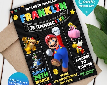 Editable Super Mario Invitation, Mario Bros Birthday Invitation, Printable Birthday Party Invitations, Digital Bday Party Invite Template