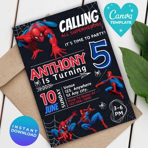 Editable Spiderman Birthday Invitation | Marvel Superhero Digital Invite | Avengers Invitation | Spidey Canva Template | Instant Download