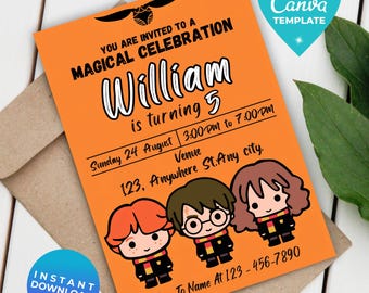 Könnte beinhalten: Orangefarbene Einladungskarte mit dem Text "MAGICAL CELEBRATION" und "William wird 5". Sie zeigt Cartoon-Illustrationen von drei Charakteren. Enthält Veranstaltungsdetails und ein "Canva TEMPLATE"-Logo.