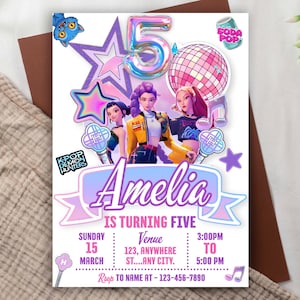 May include: A birthday invitation card featuring a large iridescent number 5, a disco ball, and three animated characters. The text reads Amelia IS TURNING FIVE, with event details including Sunday 15 March, 3:00PM to 5:00PM, and K-POP DEMON HUNTERS.