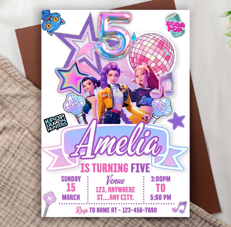 May include: A birthday invitation card featuring a large iridescent number 5, a disco ball, and three animated characters. The text reads Amelia IS TURNING FIVE, with event details including Sunday 15 March, 3:00PM to 5:00PM, and K-POP DEMON HUNTERS.