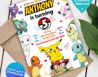 Editable Poke Birthday Invitation | Pika Digital Birthday Invitation | Printable Poke Party Template | Instant Download | Canva Template