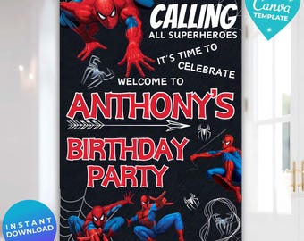 Editable Spiderman Birthday Welcome Sign Template, Spidey Sign Board, Printable Welcome Board, Spidey Birthday Welcome Board, Canva Template