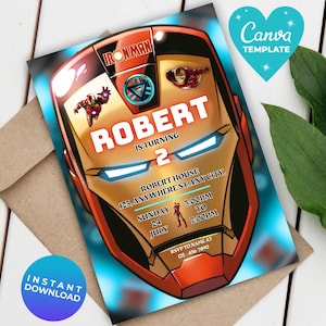 Convite de aniversário editável do Homem de Ferro Canva Template Convite digital do Homem de Ferro para download instantâneo Convite para festa de aniversário de super-heróis dos Vingadores