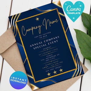 May include: A navy blue invitation with gold detailing, featuring the text "Company Name" and event details. The invitation is on a kraft paper envelope, with a Canva template and instant download logo.