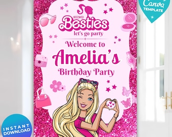 Modello modificabile per cartello di benvenuto per bambola di moda / Benvenuto per festa con bambola rosa / Cartello rosa glitterato / Cartello di benvenuto per compleanno / Modello Canva