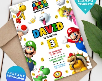 Editable Super Mario Invitation, Mario Bros Birthday Invitation, Printable Birthday Party Invitations, Digital Bday Party Invite Template