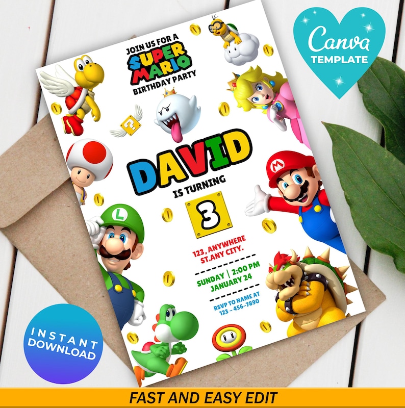 Invitación editable de Super Mario, invitación de cumpleaños de Mario Bros., invitaciones imprimibles para fiestas de cumpleaños, plantilla digital para invitación de cumpleaños imagen 1