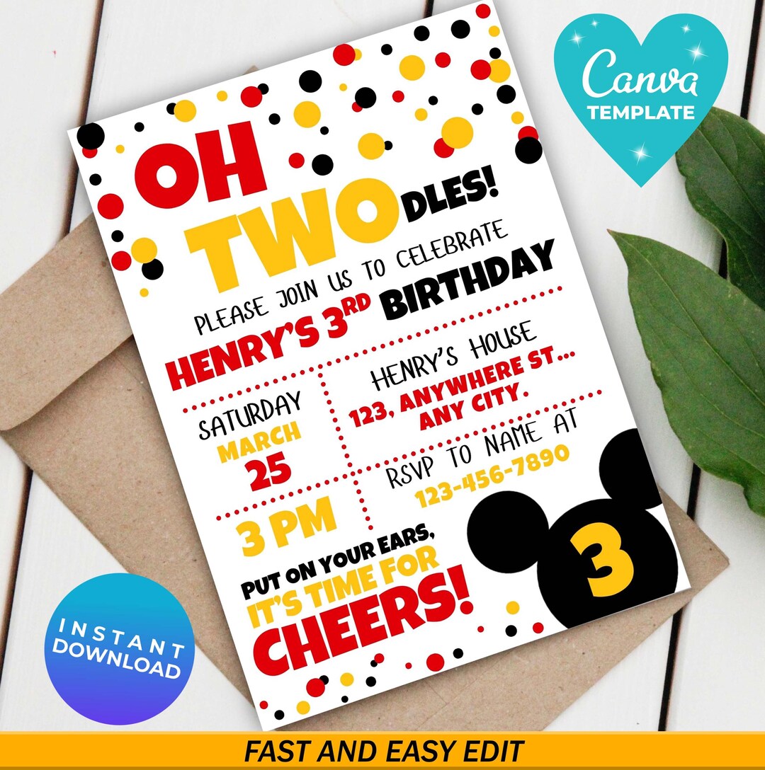 Editable Mickey Birthday Invitation, Digital Kids Party Template ...
