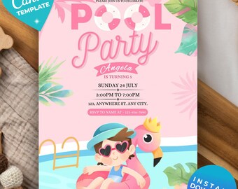 Editable Pool Party Birthday Invitation Kids Pool Party Kids Swimming ...