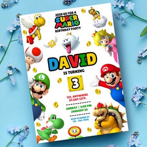 Puede incluir: Una invitaci&oacute;n de fiesta de cumplea&ntilde;os con tem&aacute;tica de Super Mario con Mario, Luigi y otros personajes. La invitaci&oacute;n incluye el nombre "DAVID" y el n&uacute;mero "3", con detalles del evento e informaci&oacute;n de RSVP.