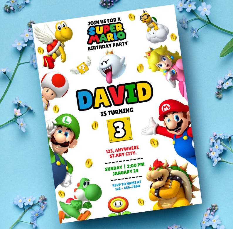 Puede incluir: Una invitaci&oacute;n de fiesta de cumplea&ntilde;os con tem&aacute;tica de Super Mario con Mario, Luigi y otros personajes. La invitaci&oacute;n incluye el nombre "DAVID" y el n&uacute;mero "3", con detalles del evento e informaci&oacute;n de RSVP.