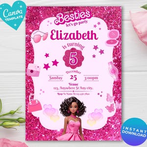Invito per la festa di compleanno di una bambola di moda con glitter rosa per bambine, modello di invito per la festa di compleanno di una bambola nera per bambine, download immediato, invito rosa modificabile