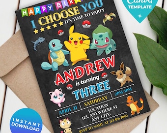 Editable Poke Birthday Invitation | Pika Digital Birthday Invitation | Printable Poke Party Template | Instant Download | Canva Template