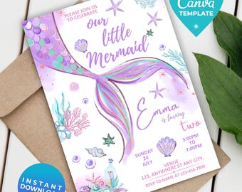 Editable Mermaid Tail Birthday Invitation | Under the Sea Invitation | Mermaid Invite | Mermaid Bash | Instant Download | Canva Template