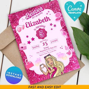 Editierbare Modepuppe Geburtstagseinladung | Modepuppe Geburtstagseinladung | Pink Glitter Party | Sofortdownload | Canva Vorlage