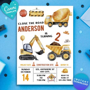 Editable Construction Birthday Invitation Dump Truck Birthday Invite, Dump Everything Birthday Party Printable template Canva Template