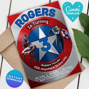 Editable Captain America Birthday Invitation Canva Template Captain America invitation digital instant download Avengers Superhero Birthday