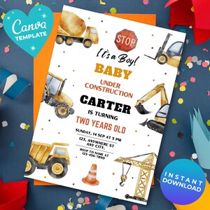 Editable Construction Birthday Invitation Dump Truck Birthday Invite, Dump Everything Birthday Party Printable template Canva Template