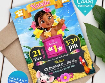 Editable Moana Birthday Invitation Girl | Baby Moana Digital Invite | Hawaiian Invite Template | Instant Download | Canva Template