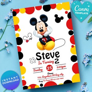 May include: A colorful invitation featuring Mickey Mouse. The design includes red, yellow, and black circles, with the text "Steve Is Turning 2" and event details. The invitation is a Canva template and an instant download.