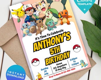 Invito di compleanno modificabile a tema Poke / Invito di compleanno digitale a tema Pika / Modello stampabile per festa Poke / Download immediato / Modello Canva