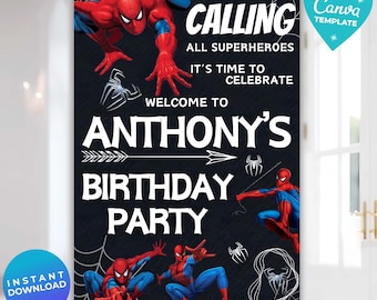 Editable Spiderman Birthday Welcome Sign Template, Spidey Sign Board, Printable Welcome Board, Spidey Birthday Welcome Board, Canva Template