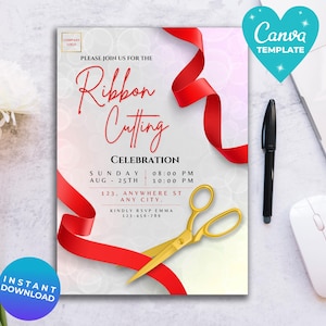 Puede incluir: Un folleto para una celebración de corte de cinta con cinta roja y tijeras doradas. El texto dice "Celebración de corte de cinta" con detalles de fecha, hora y lugar. Plantilla de Canva disponible para descarga instantánea.