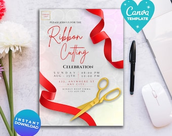 Company Grand Opening Invitation: Ribbon Cutting Event (Canva Template, Digital Download)