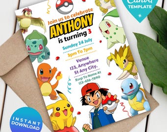 Editable Poke Birthday Invitation | Pika Digital Birthday Invitation | Printable Poke Party Template | Instant Download | Canva Template