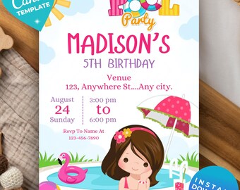 Editable Pool Party Invitation | Editable Canva Template | Personalized ...