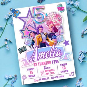 May include: A birthday invitation card featuring three animated characters, a large iridescent number five, a disco ball, and stars. The text reads Amelia is turning five, Sunday 15 March, 3:00pm to 5:00pm, Venue 123, Anywhere St, Any City, and Rsvp to name at 123-456-7890.
