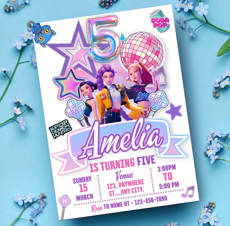 May include: A birthday invitation card featuring three animated characters, a large iridescent number five, a disco ball, and stars. The text reads Amelia is turning five, Sunday 15 March, 3:00pm to 5:00pm, Venue 123, Anywhere St, Any City, and Rsvp to name at 123-456-7890.