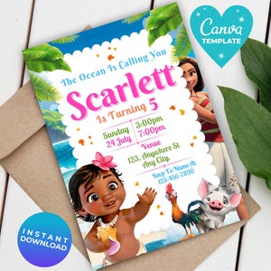 Baby Moana Birthday Invitation: Editable Hawaiian Luau Theme (Canva Template, Digital Download)
