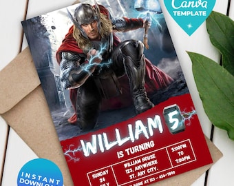Editable Thor Birthday Invitation Template Canva Template Digital Thor Invitation instant download Avengers Superhero Birthday