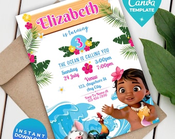 Editable Moana Birthday Invitation Girl | Baby Moana Digital Invite | Hawaiian Invite Template | Instant Download | Canva Template