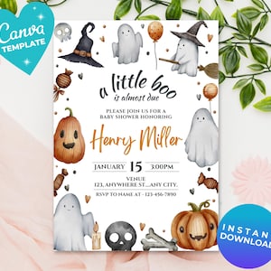Editable Little Boo Baby Shower Invitation Ghost Baby Shower Halloween Baby Shower Little Boo is Almost due instant Download Canva Template