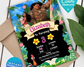 Editable Moana Birthday Invitation Girl | Baby Moana Digital Invite | Hawaiian Invite Template | Instant Download | Canva Template