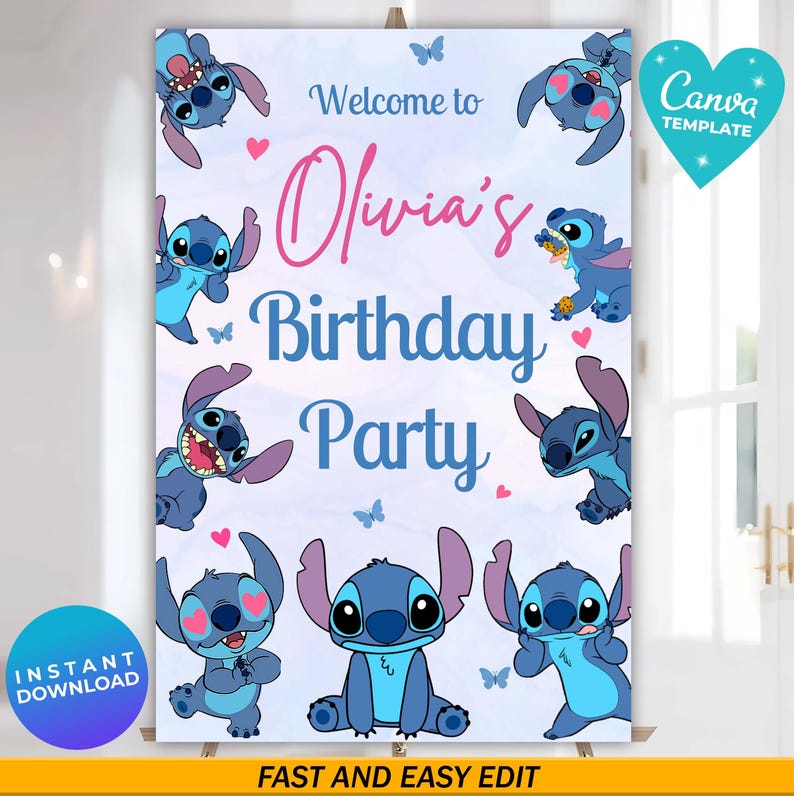Stitch Sign In Editable Stitch Welcome Sign Template, Cute Stitch Birthday Party ...