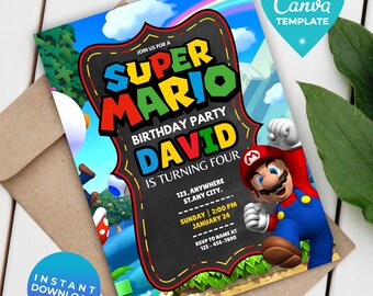 Super Mario Geburtstagseinladung | Mario Party Einladen | Mario Bros Digitaler Download | Videospiel-Design | Canva Vorlage | Sofort Download