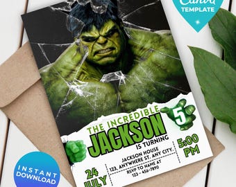 Editable Hulk Birthday Invitation Template Canva Template Digital Hulk Invitation instant download Avengers Superhero Birthday