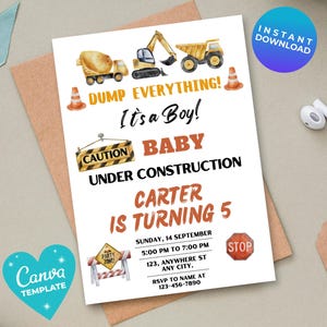Editable Construction Birthday Invitation Dump Truck Birthday Invite, Dump Everything Birthday Party Printable template Canva Template