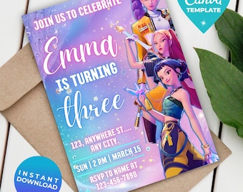 May include: A birthday party invitation with the text "Emma is turning three". The invitation features illustrations of three animated characters and includes event details such as date, time, and RSVP information. The design has a purple and blue gradient background.